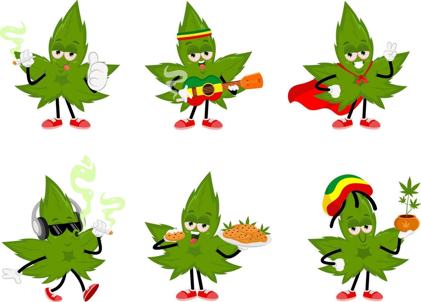 Funny Marijuana Leaf Cartoon Character. Flat Design Collection Set vector