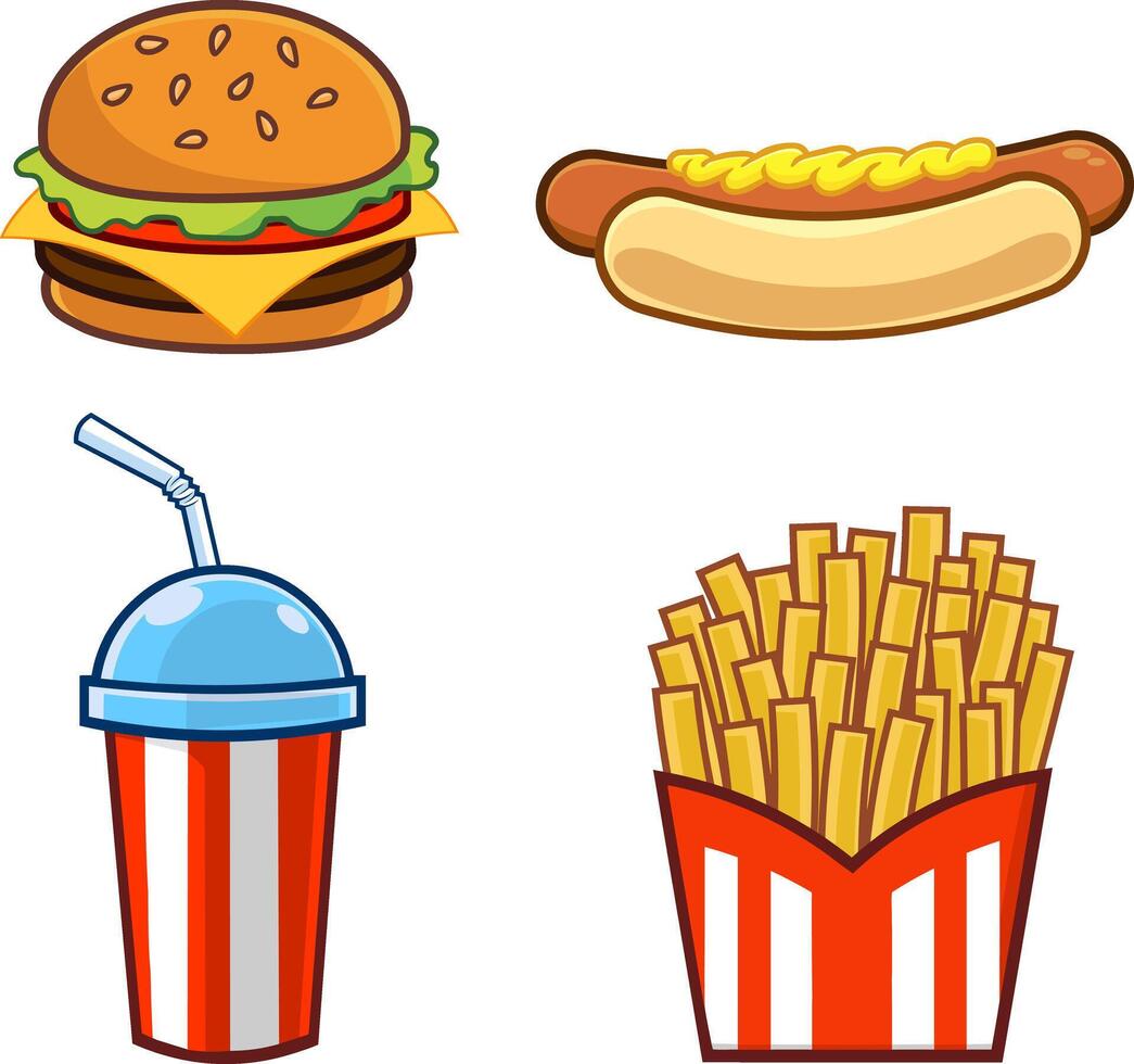 Cartoon Fast Foods. Hand Drawn Collection Set Isolated On White Background vector