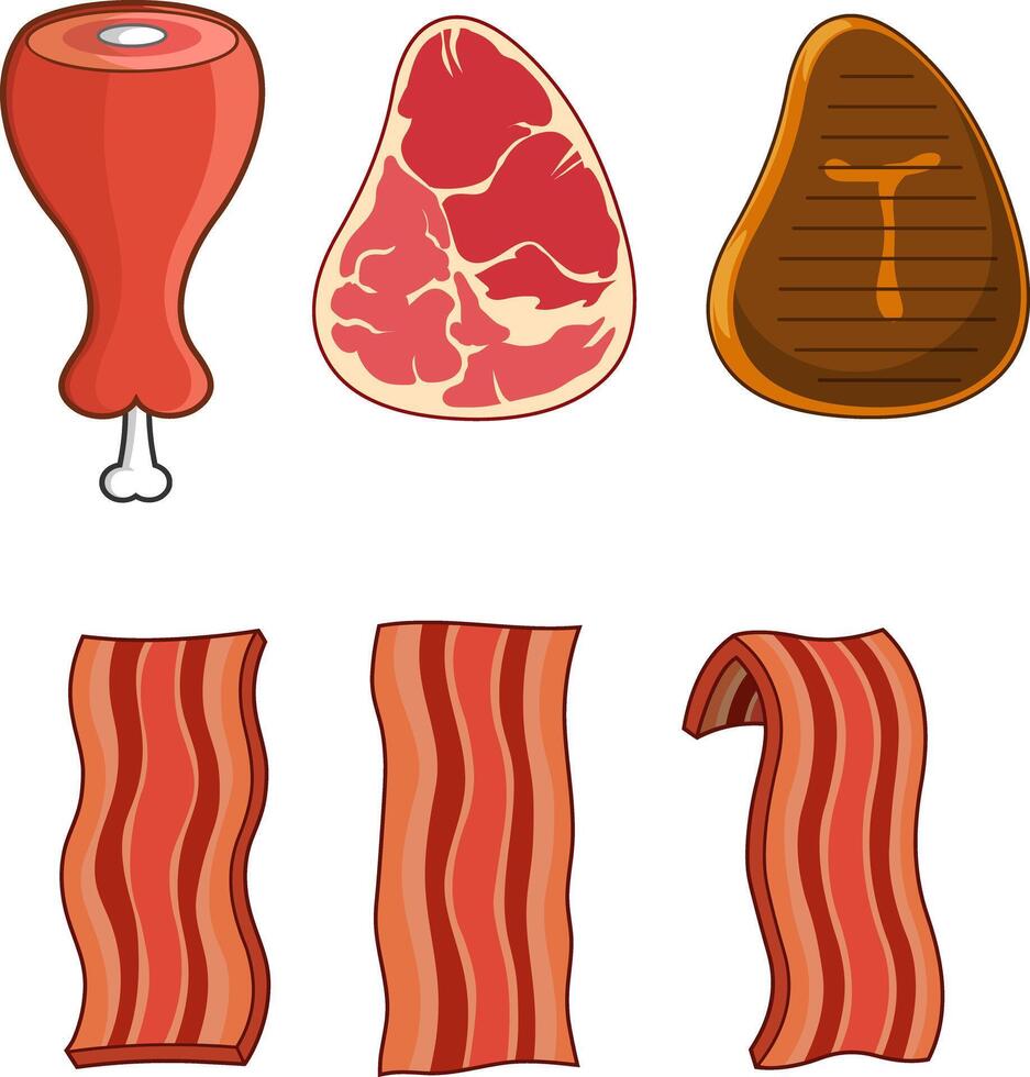 Cartoon Different Meats. Hand Drawn Collection Set vector