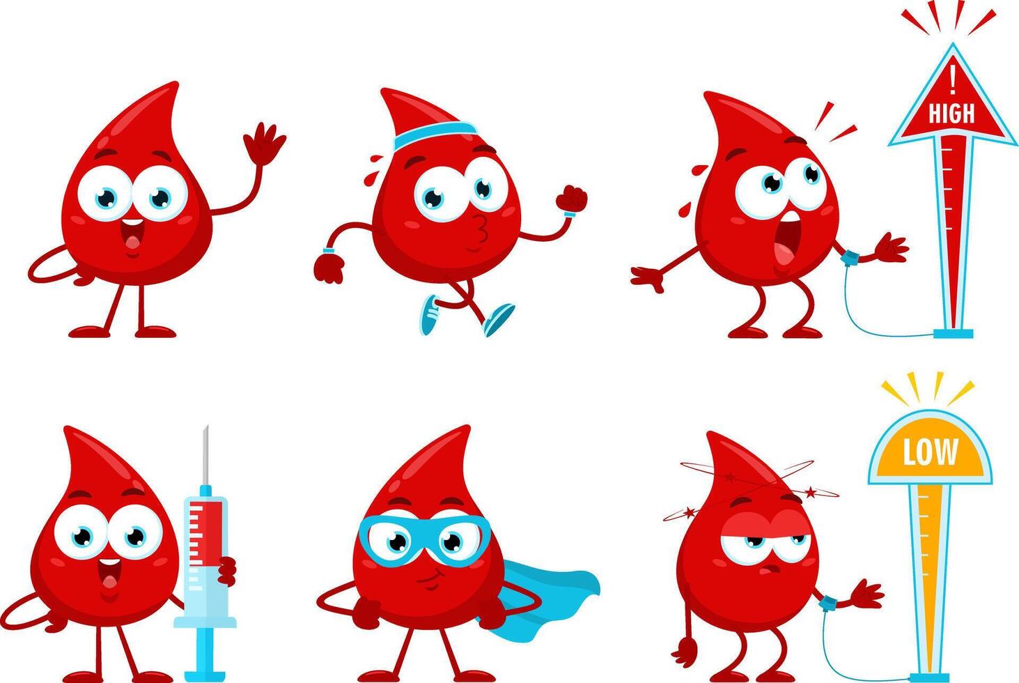 Cute Red Blood Drop Cartoon Character. Flat Design Collection Set vector
