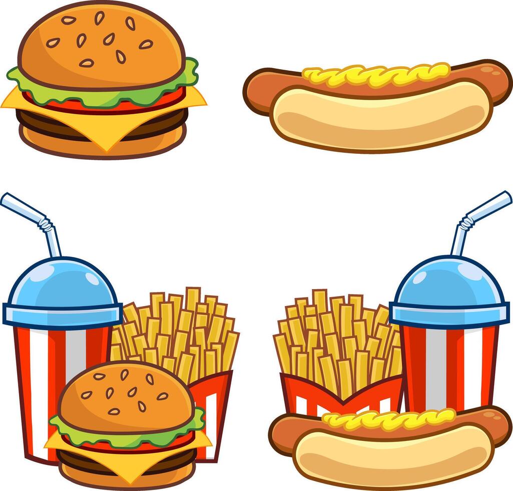 Cartoon Fast Foods. Hand Drawn Collection Set vector