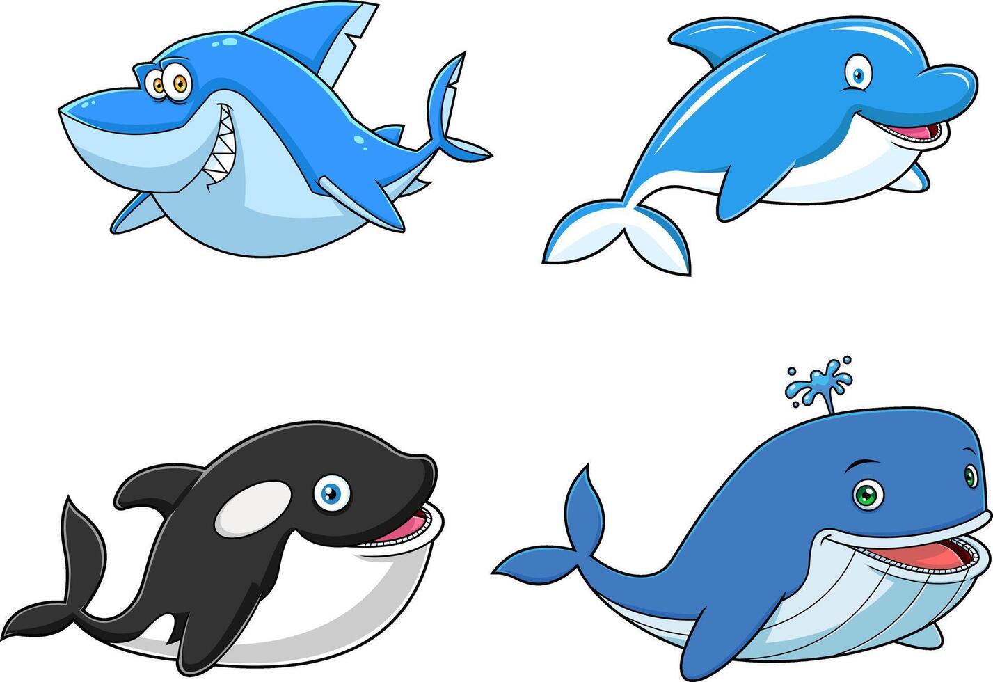 Ocean Or Sea Animals Cartoon Characters Different Poses. Hand Drawn Collection Set vector