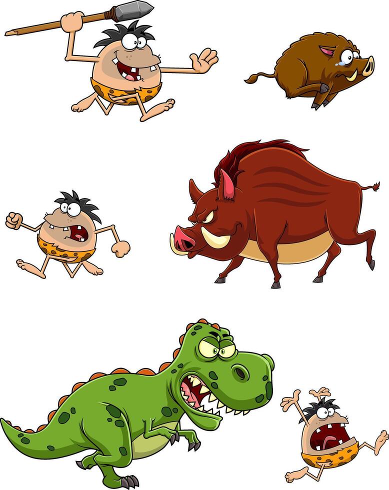 Caveman Cartoon Characters. Hand Drawn Collection Set vector