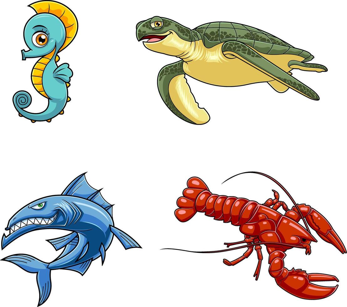 Ocean Or Sea Animals Cartoon Characters Different Poses. Hand Drawn Collection Set vector