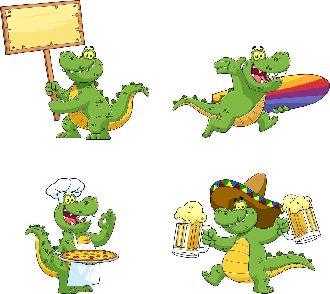 Alligator Or Crocodile Cartoon Character Different Poses. Hand Drawn Collection Set vector