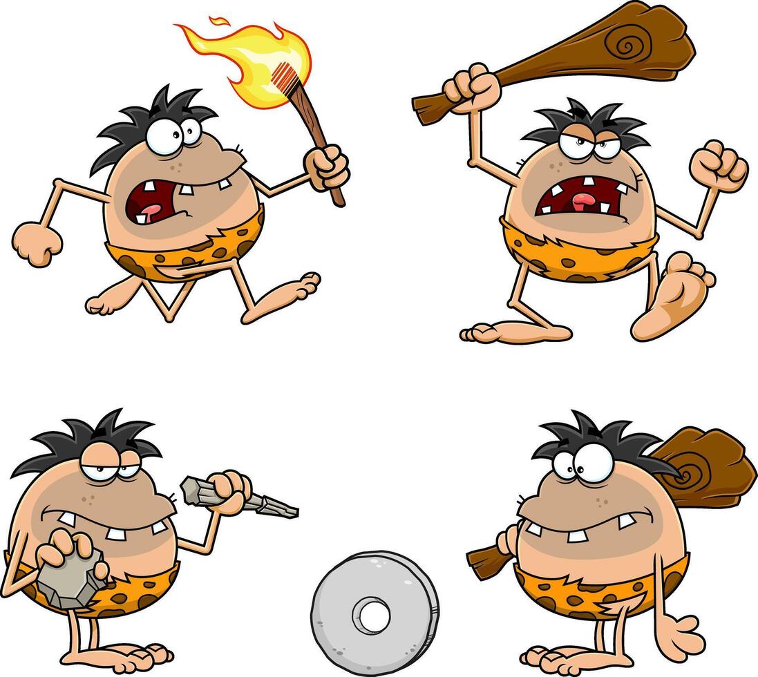 Caveman Cartoon Characters. Hand Drawn Collection Set vector
