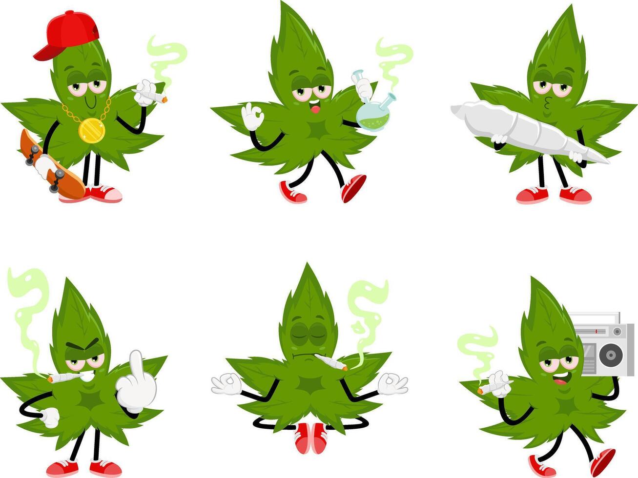 Funny Marijuana Leaf Cartoon Character. Flat Design Collection Set vector