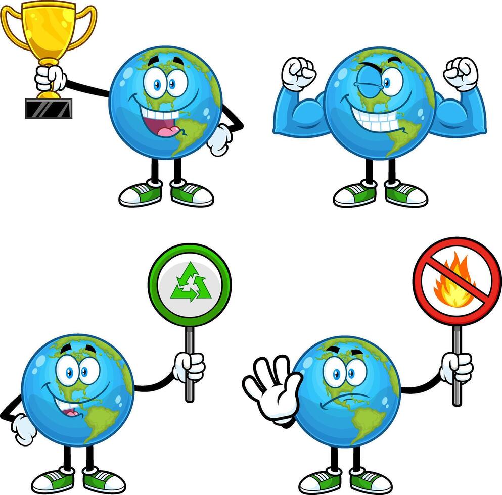 Earth Globe Cartoon Character Poses. Collection Set vector