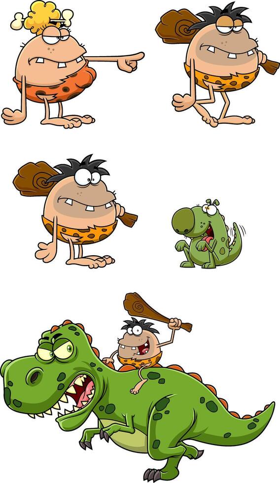 Caveman Cartoon Characters. Hand Drawn Collection Set vector
