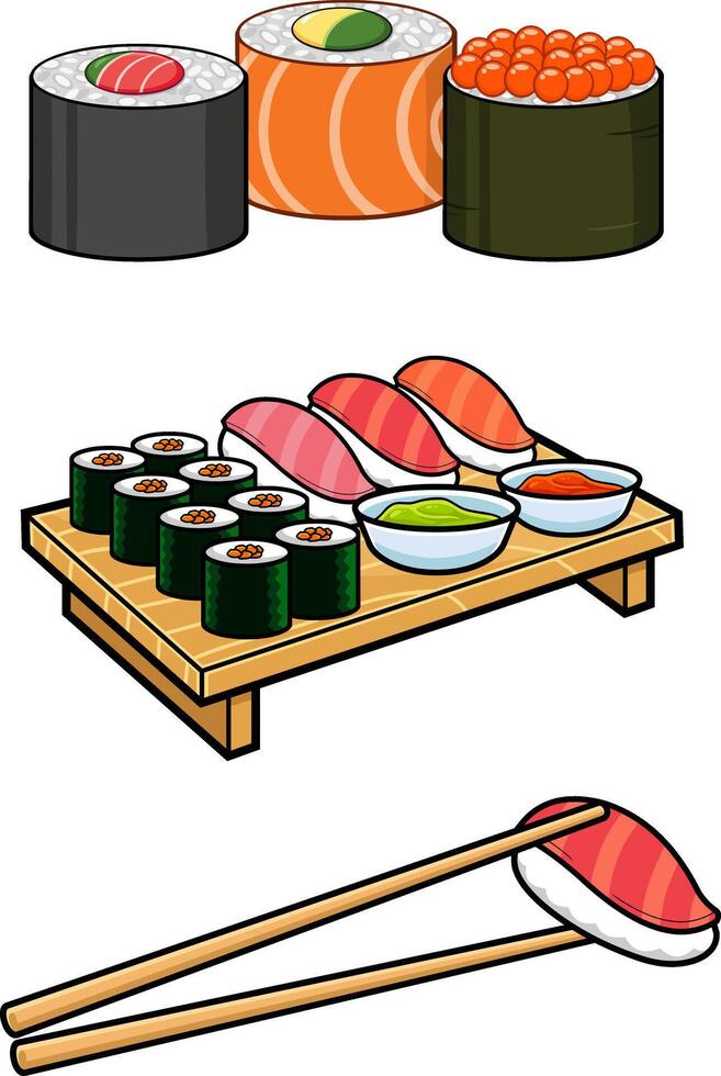 Cartoon Mixed Sushi Set. Hand Drawn Collection Isolated On White Background vector