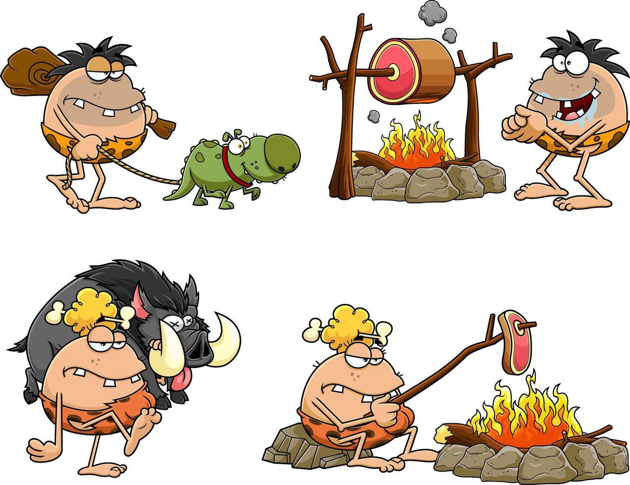 Caveman Cartoon Characters. Hand Drawn Collection Set vector
