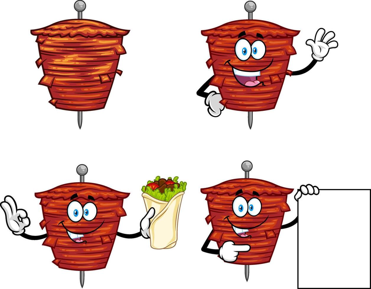 Kebab On Skewer Grilling Meat Cartoon Character Series. Collection Set vector
