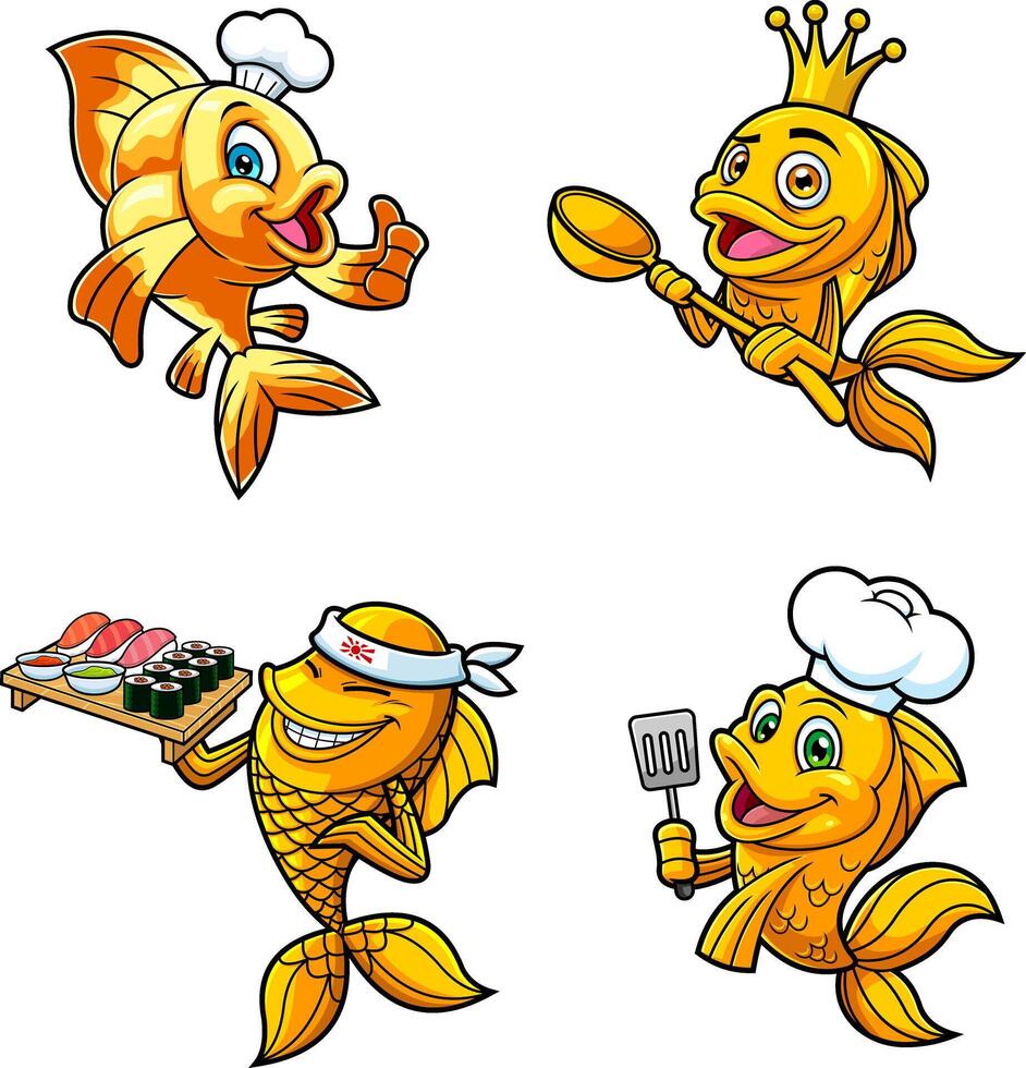 Fish Or Goldfish Cartoon Characters. Hand Drawn Collection Set vector