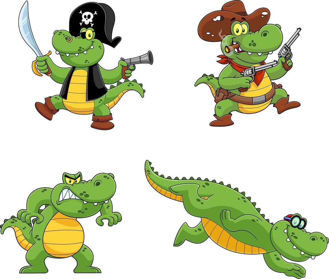Alligator Or Crocodile Cartoon Character Different Poses. Hand Drawn Collection Set vector