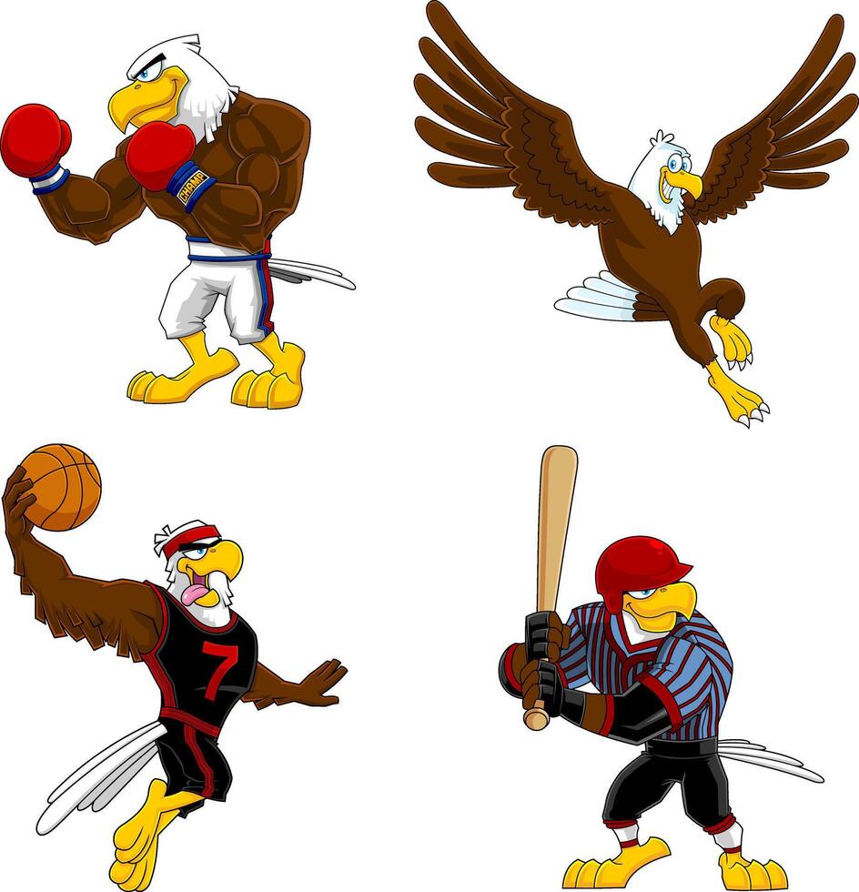 Eagle Cartoon Characters. Hand Drawn Collection Set vector