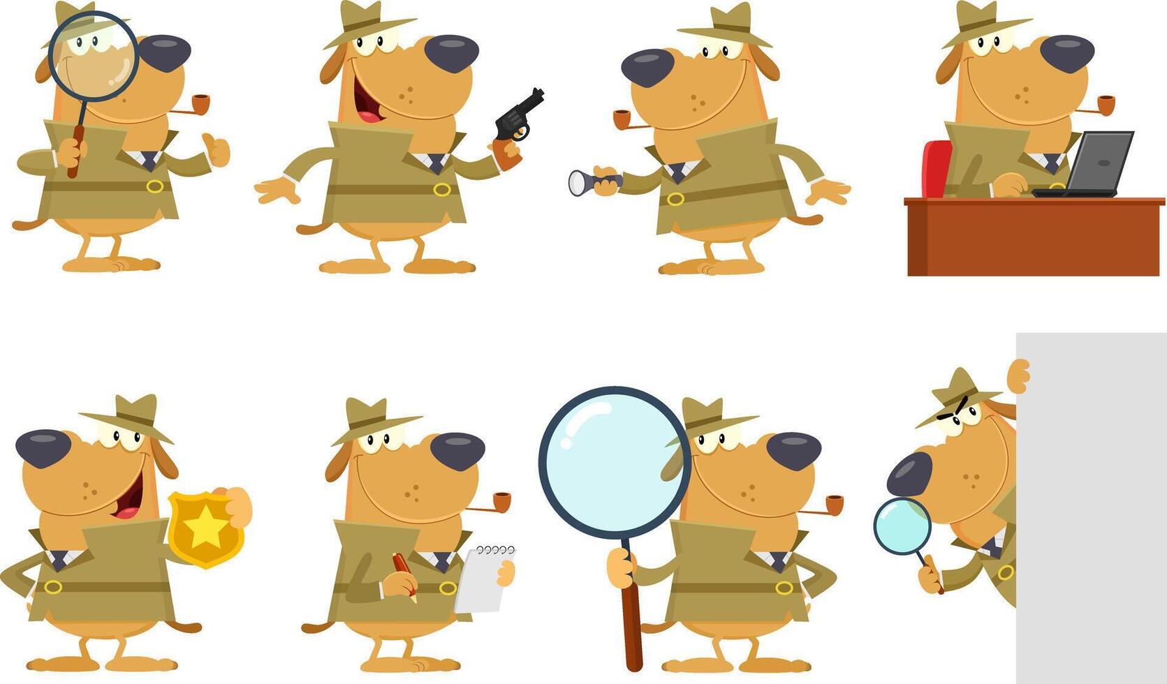 Funny Detective Dog Cartoon Character. Flat Design Collection Set vector