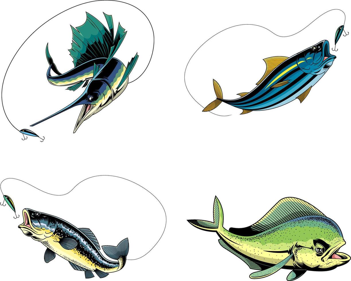 Fish Cartoon Characters Fishing. Hand Drawn Collection Set vector