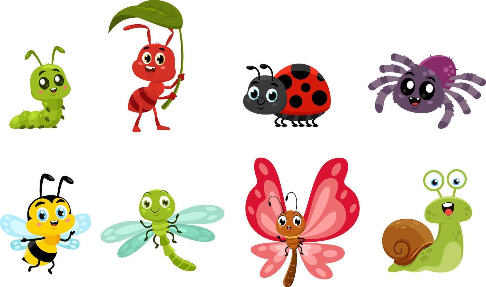 Cute Insects Animals Cartoon Characters. Flat Design Collection Set vector