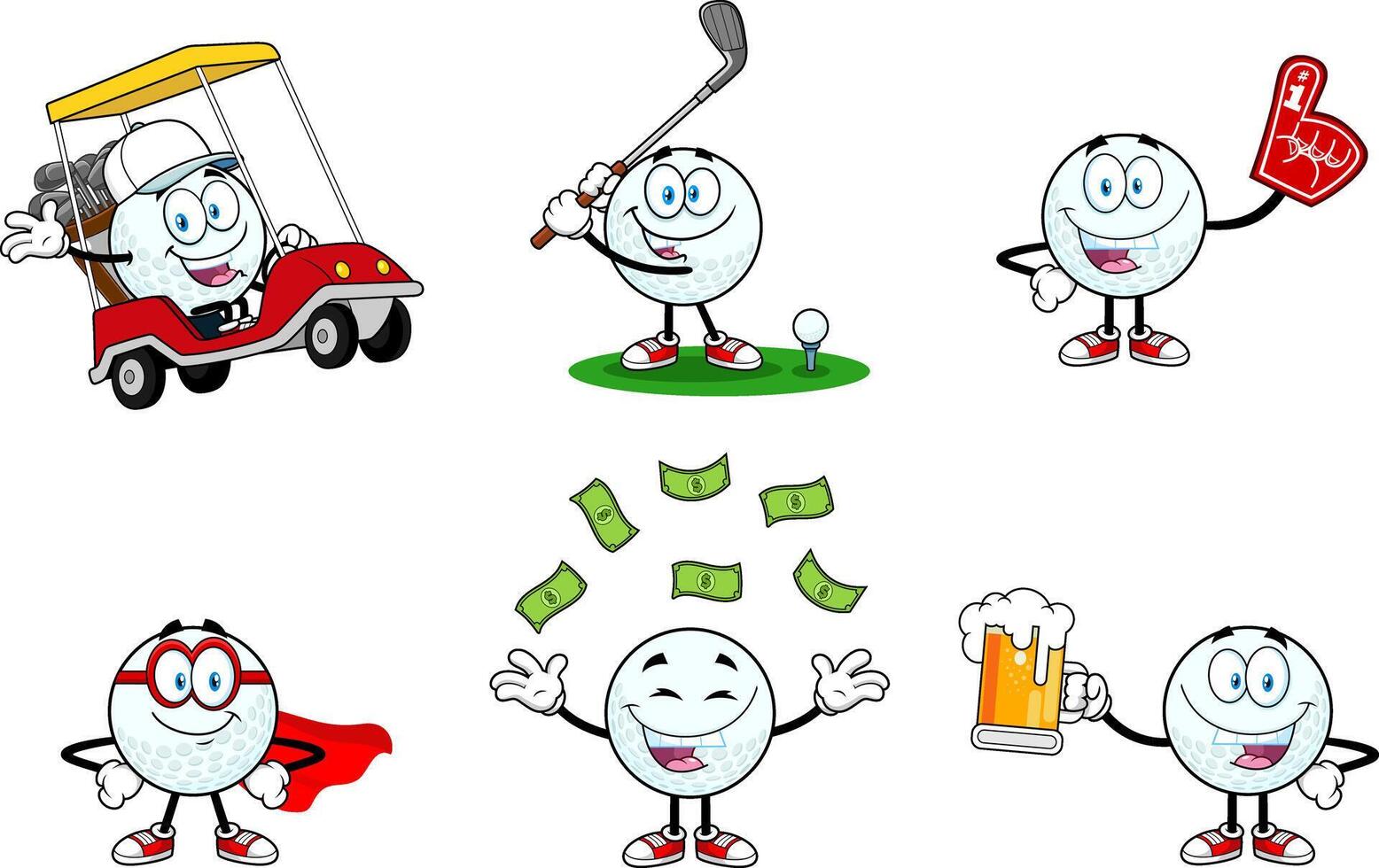 Golf Ball Cartoon Mascot Character. Hand Drawn Collection Set vector