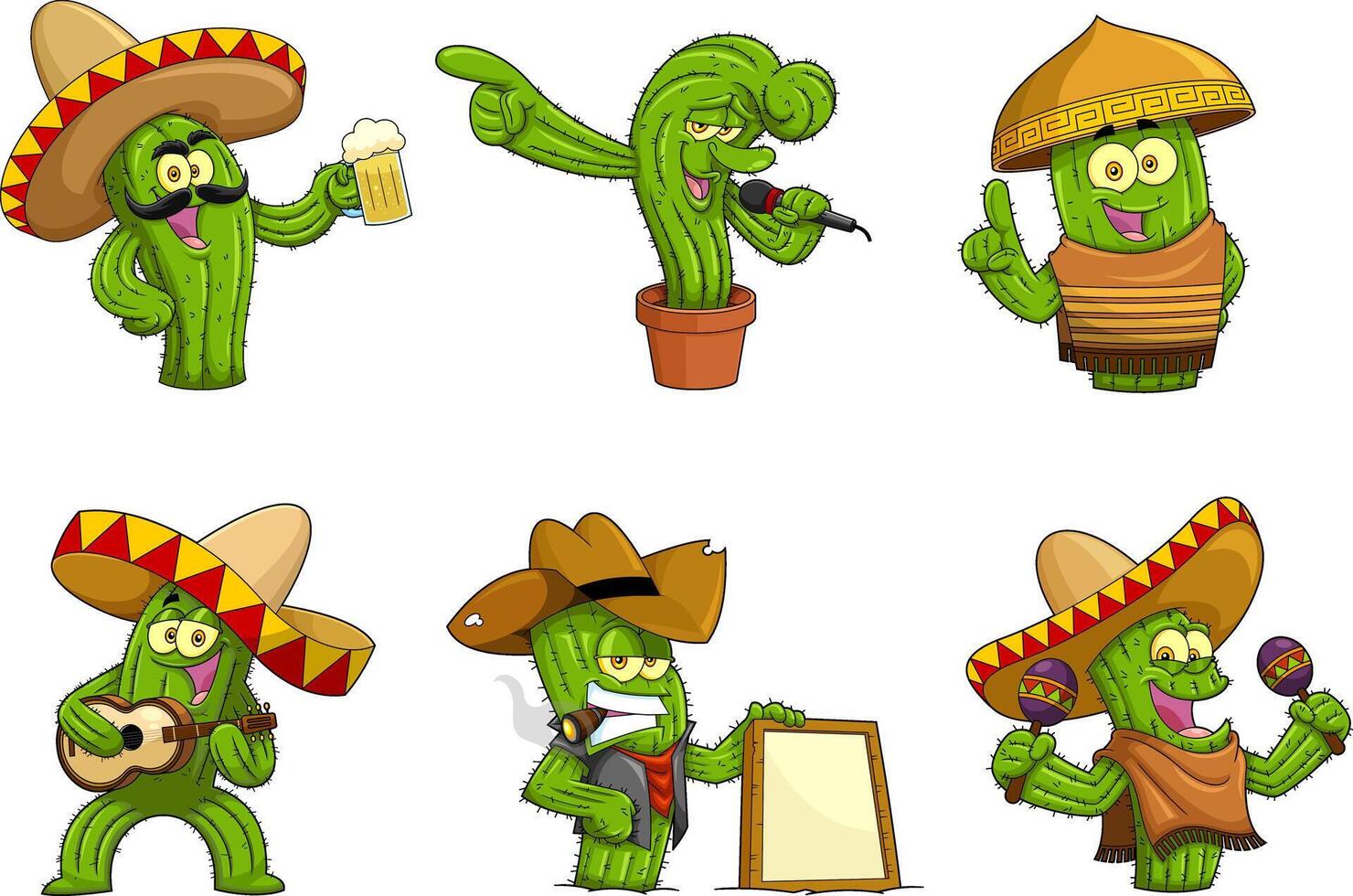 Cactus Characters. Hand Drawn Collection Set vector