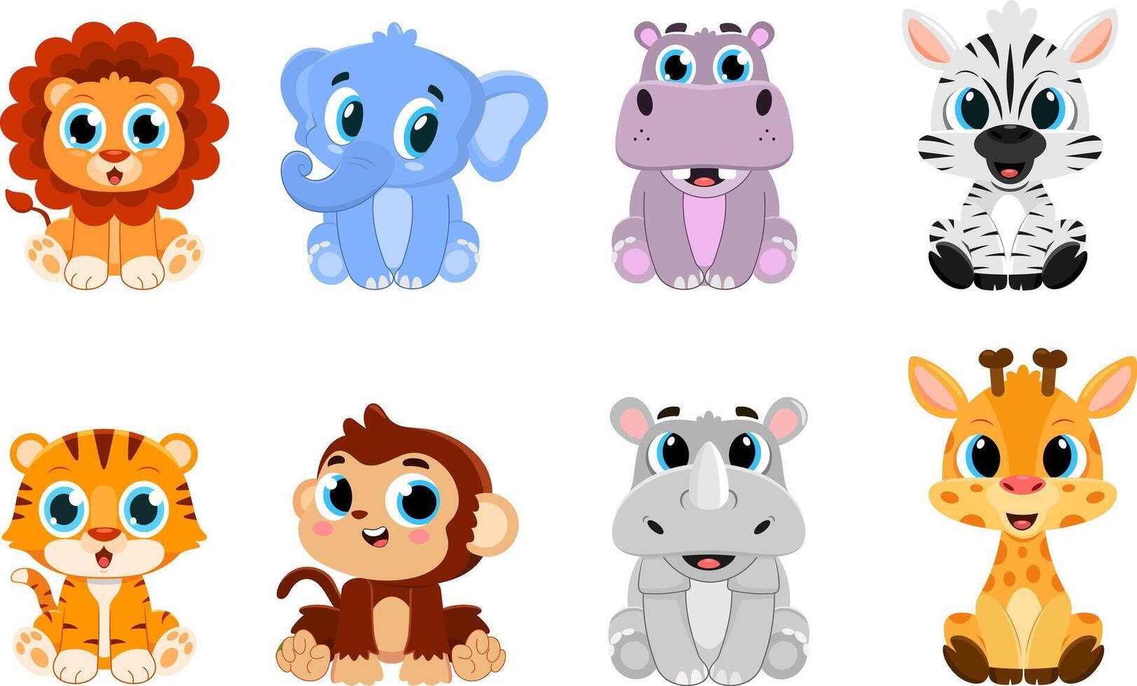 Cute Baby Safari Animals Cartoon Characters. Flat Design Collection Set vector