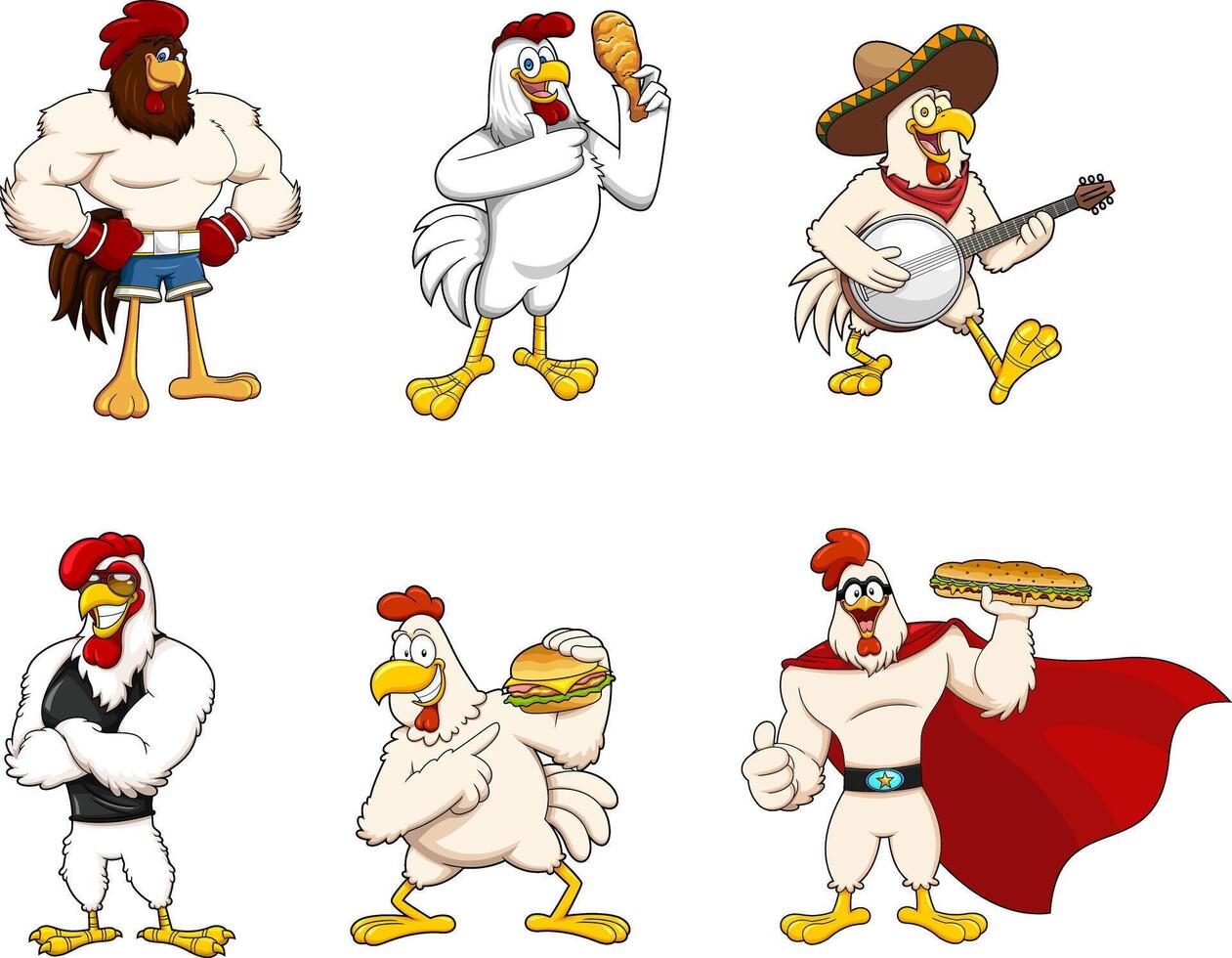 Chicken And Rooster Cartoon Mascot Characters. Hand Drawn Collection Set vector