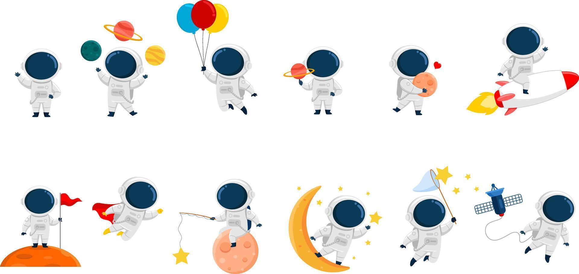 Cute Astronaut Cartoon Character. Collection Set vector