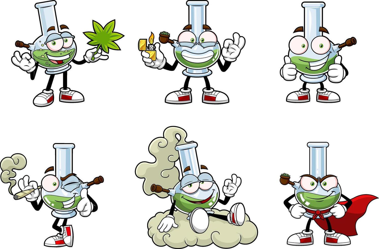 Marijuana Bong Cartoon Character. Hand Drawn Collection Set vector