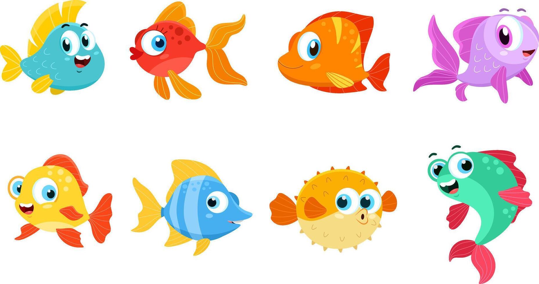 Cute Sea Fish Cartoon Character. Flat Design Collection Set vector