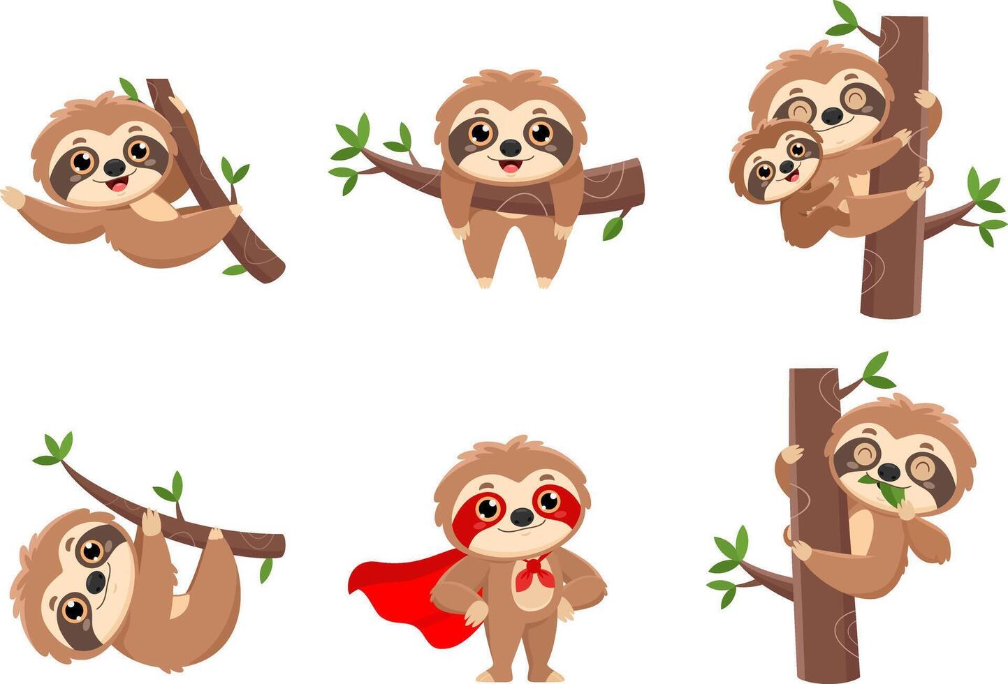 Cute Sloth Cartoon Characters. Collection Set vector