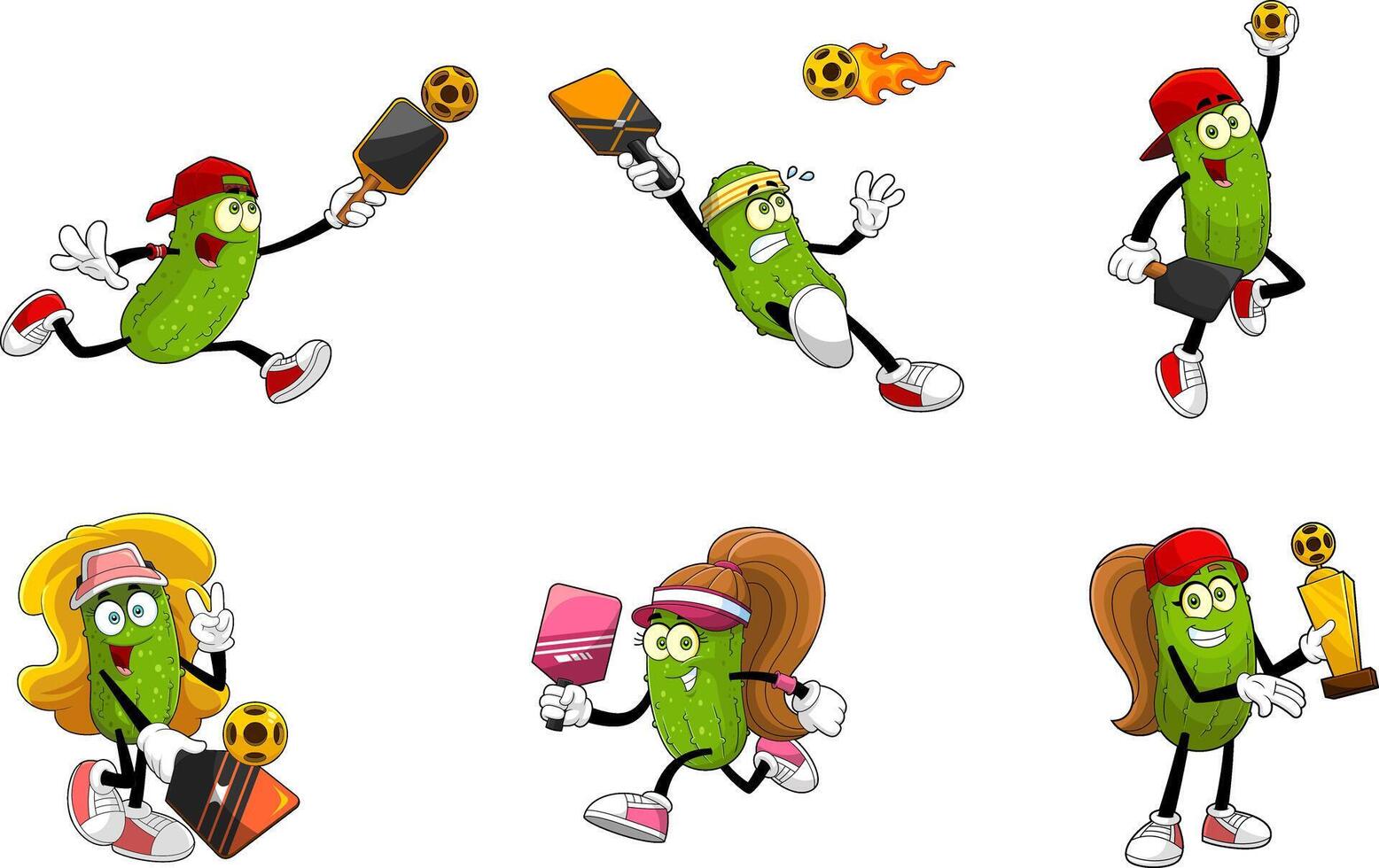 Pickle Cartoon Characters Playing Pickleball. Collection Set vector