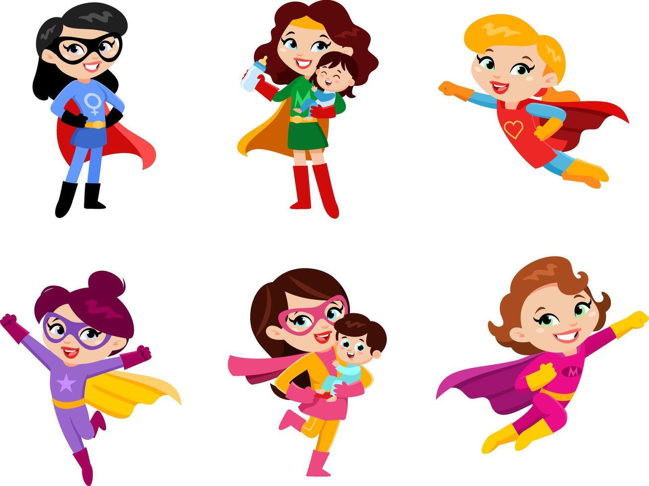 Super Hero Mom Cartoon Characters. Flat Design Collection Set vector