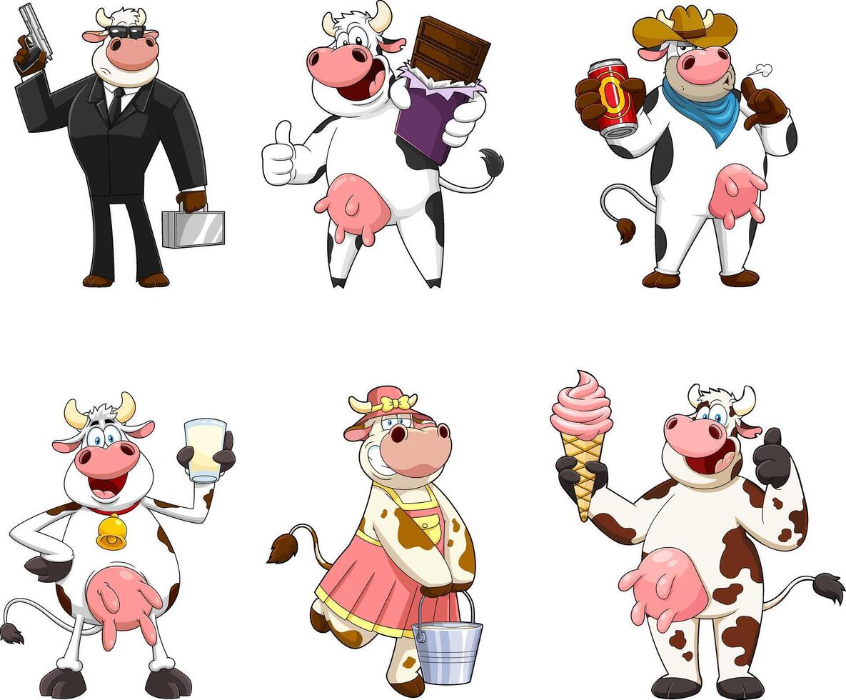 Cow Cartoon Characters. Hand Drawn Collection Set vector