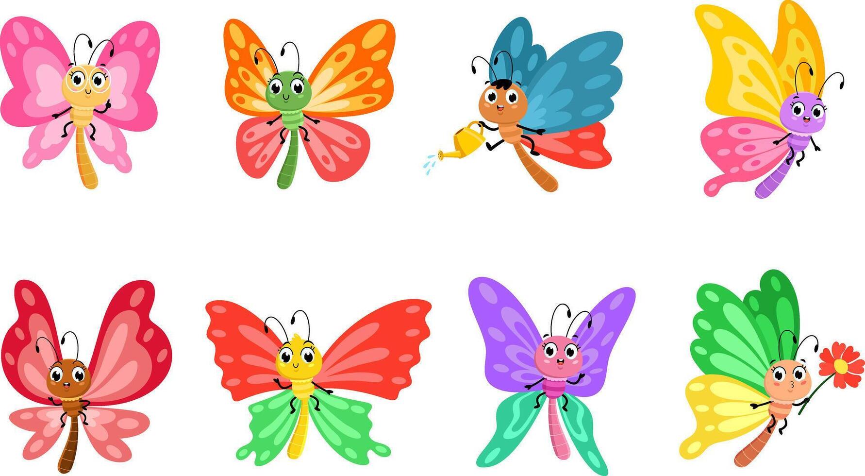 Cute Butterfly Cartoon Characters. Flat Design Collection Set vector