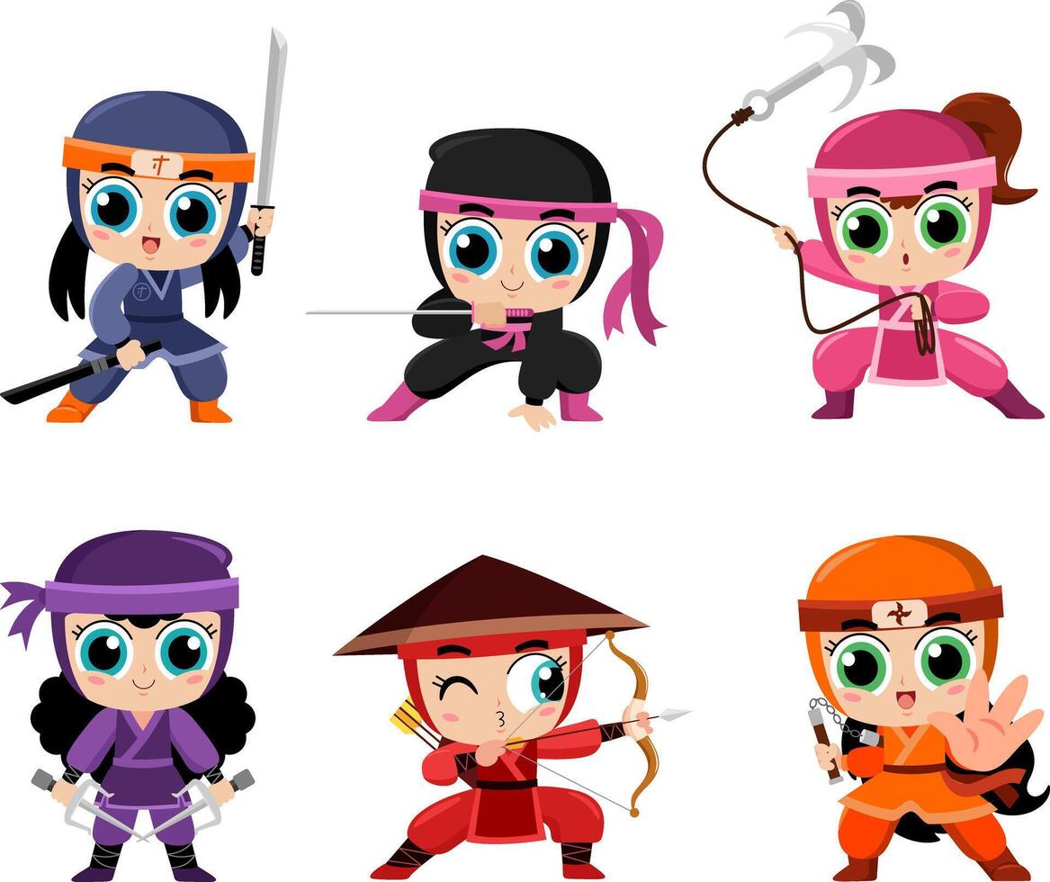 Cute Ninja Girl Warrior Cartoon Characters. Flat Design Collection Set vector