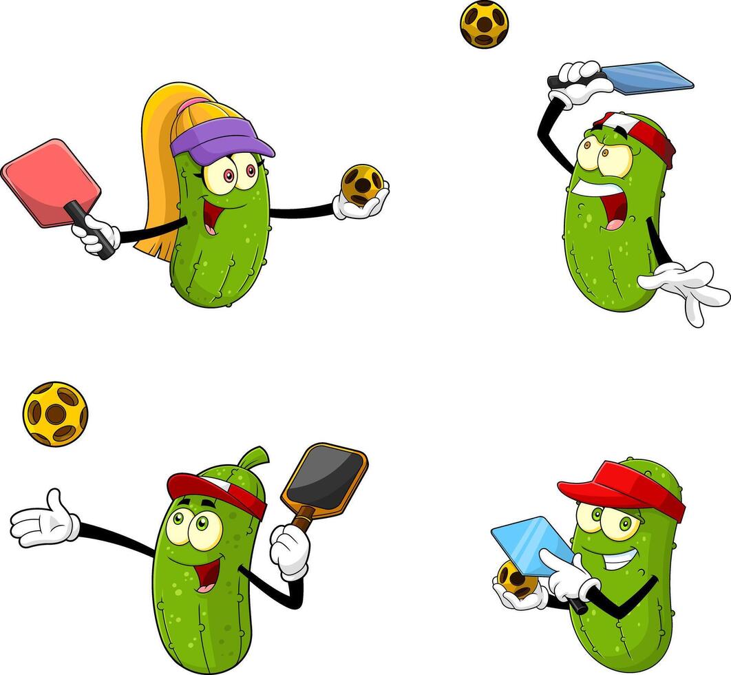 Pickle Cartoon Characters Playing Pickleball. Collection Set vector