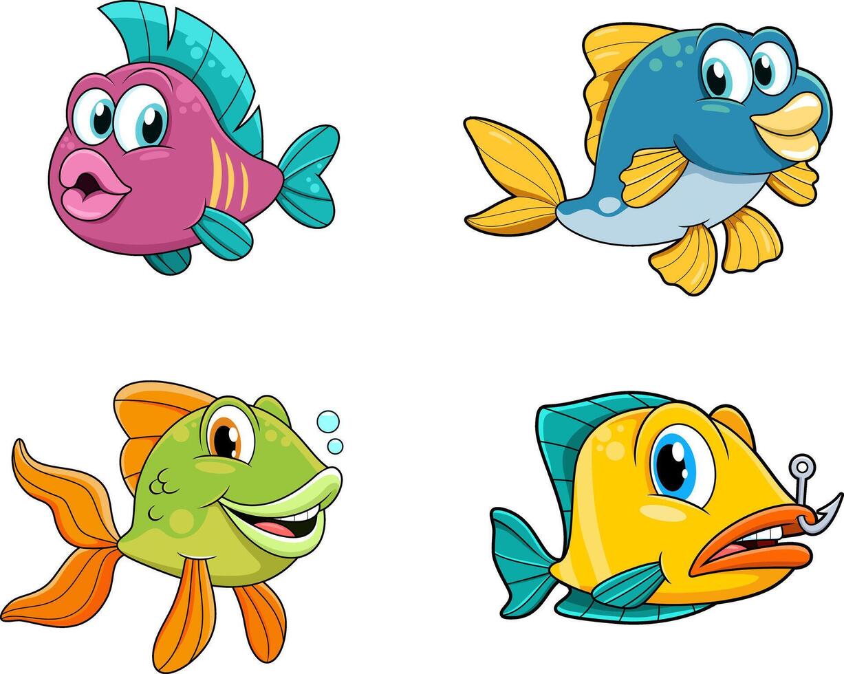 Fish Cartoon Characters. Hand Drawn Collection Set vector
