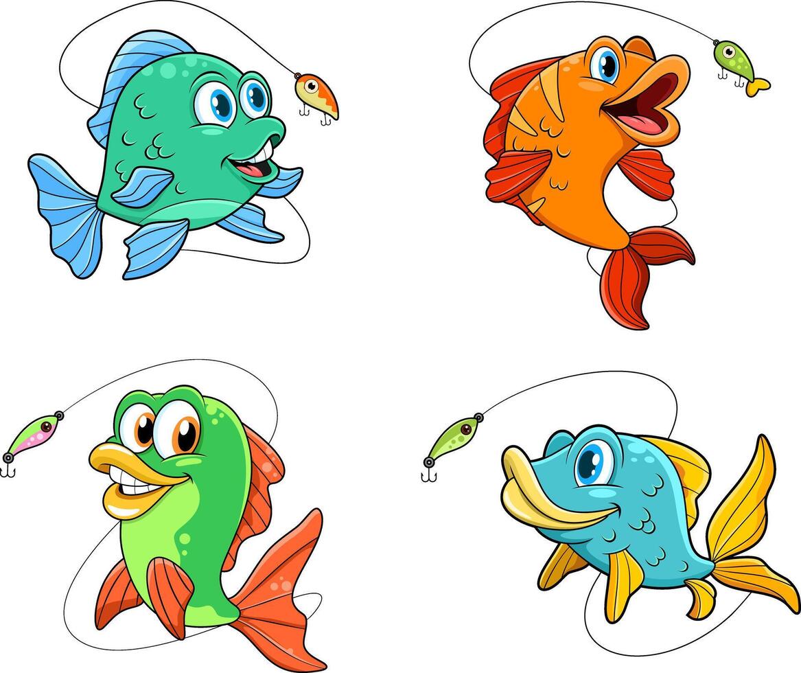 Fish Cartoon Characters Fishing. Hand Drawn Collection Set vector