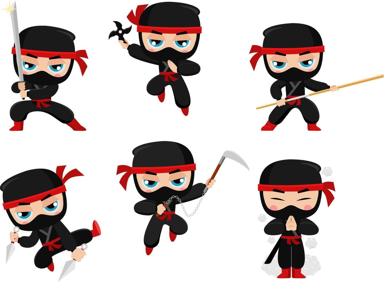 Cute Ninja Boy Warrior Cartoon Character. Flat Design Collection Set vector