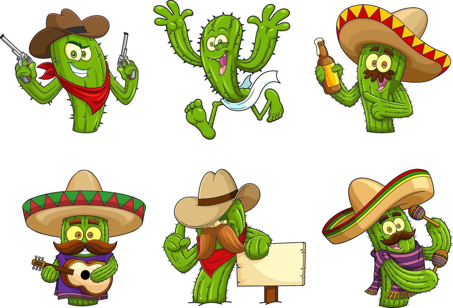 Cactus Cartoon Characters. Hand Drawn Collection Set vector