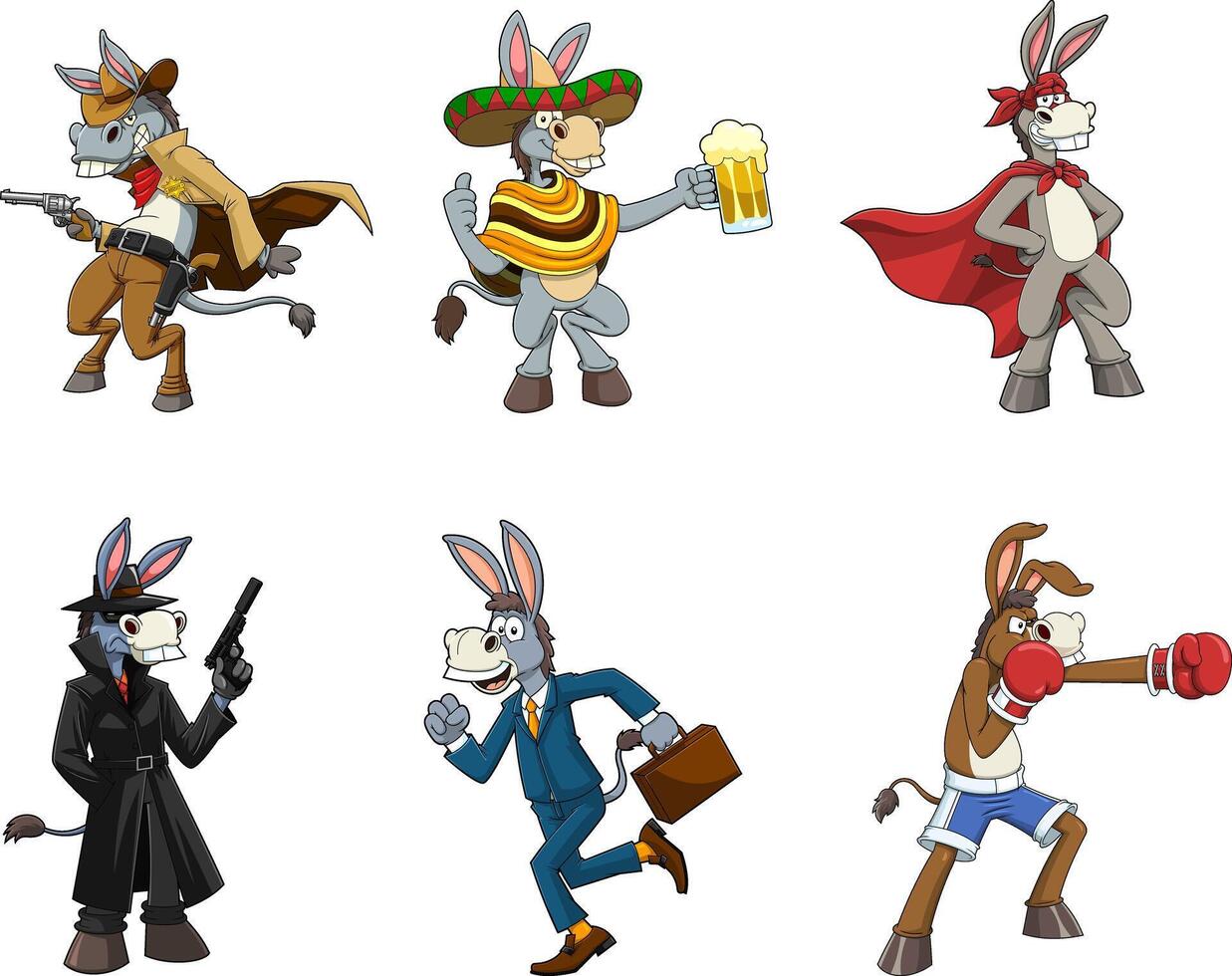 Donkey Jackass Cartoon Characters. Hand Drawn Collection Set vector