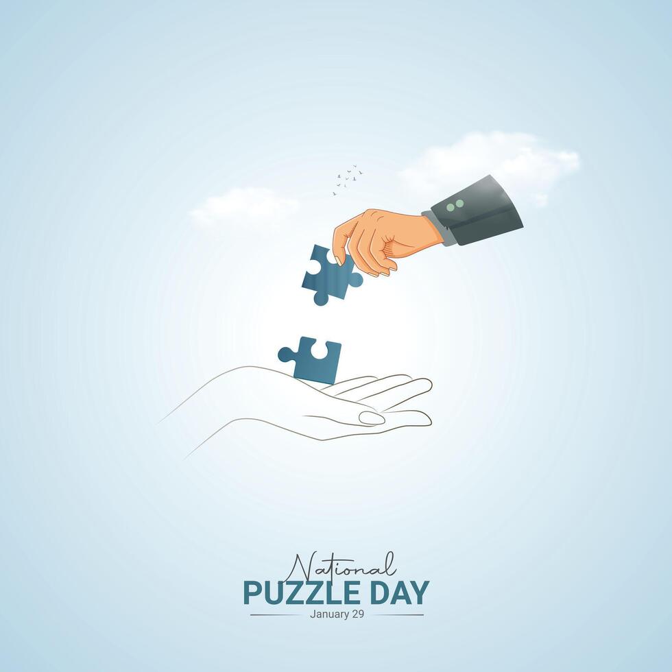 NATIONAL PUZZLE DAY text with jigsaw puzzle on red background. Education and Holiday Concept vector
