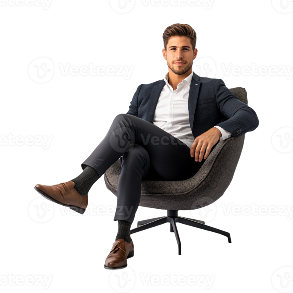 A man in a suit sitting on a chair png