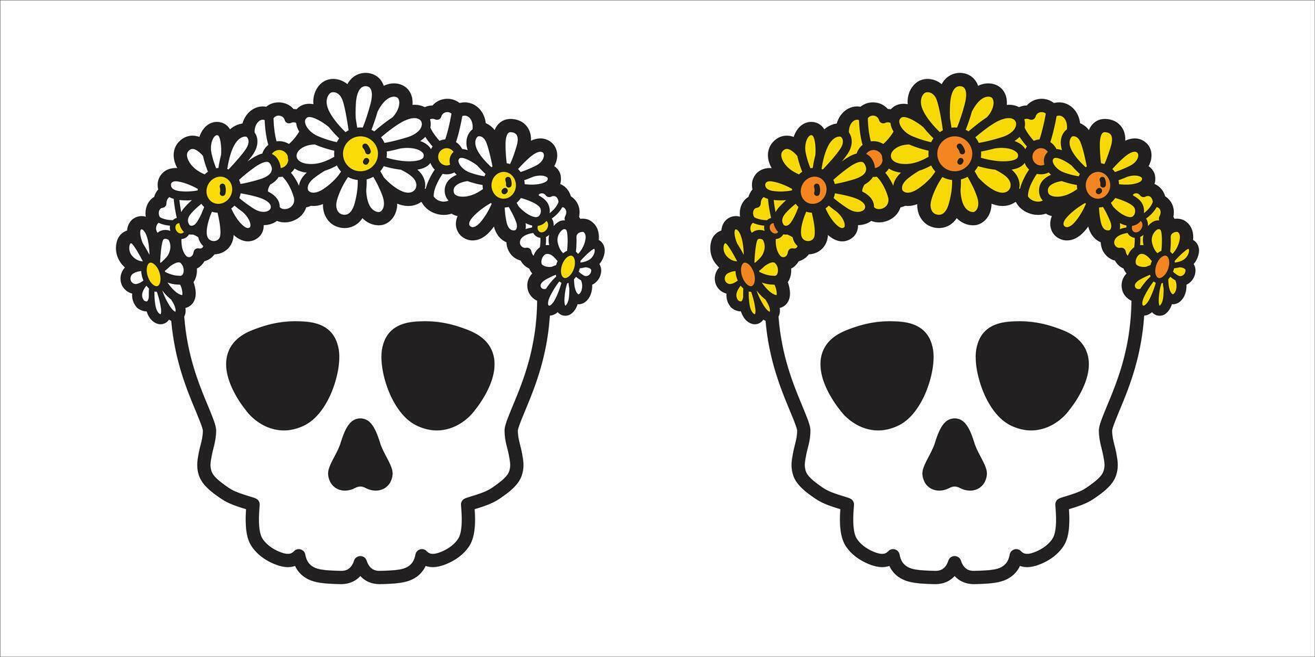skull Halloween flower daisy crown icon crossbones cartoon character doodle logo symbol illustration design clip art isolated vector