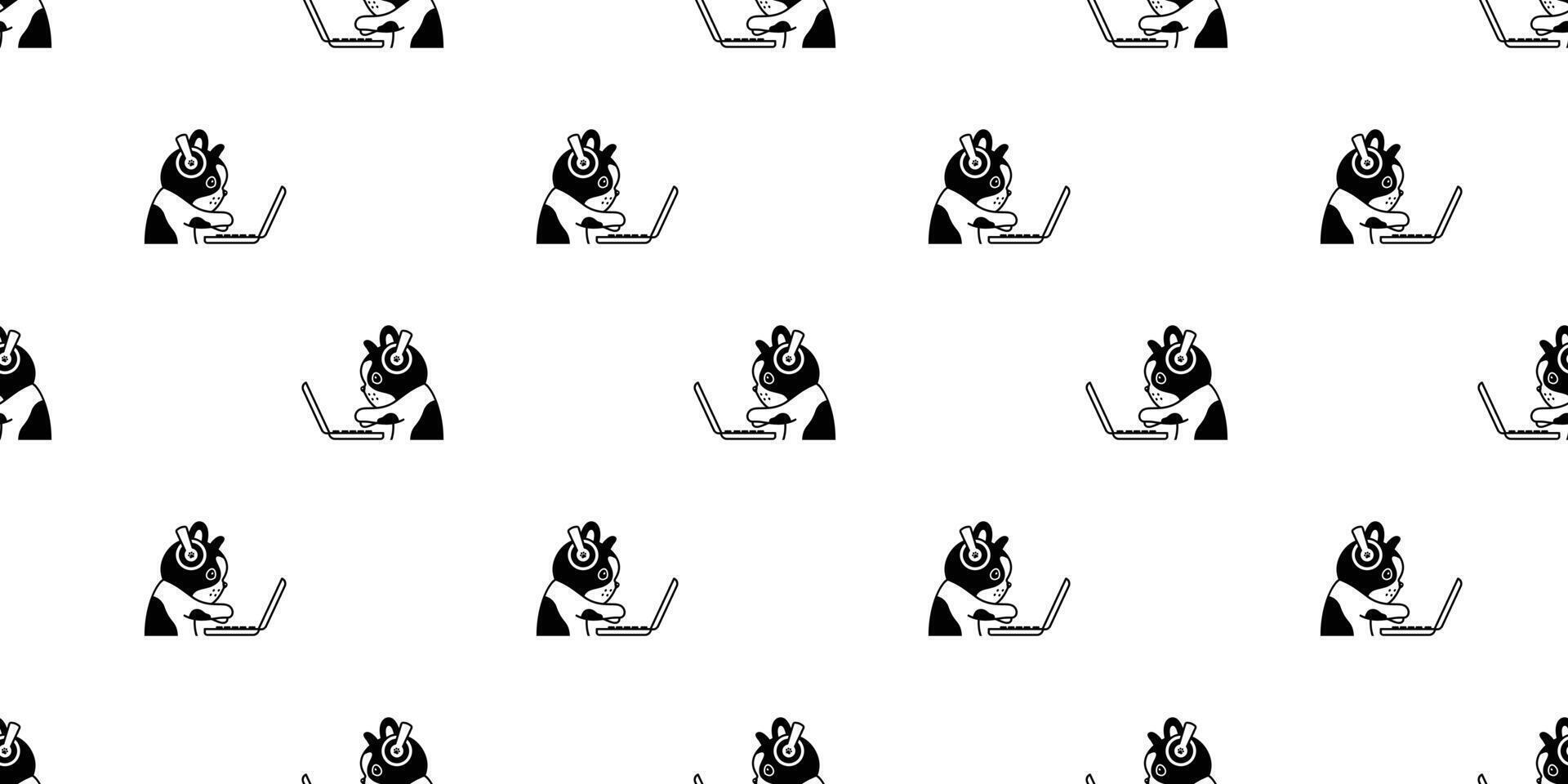 dog seamless pattern french bulldog working labtop computer smart phone cartoon doodle pet puppy tile background gift wrapping paper repeat wallpaper illustration scarf isolated design vector