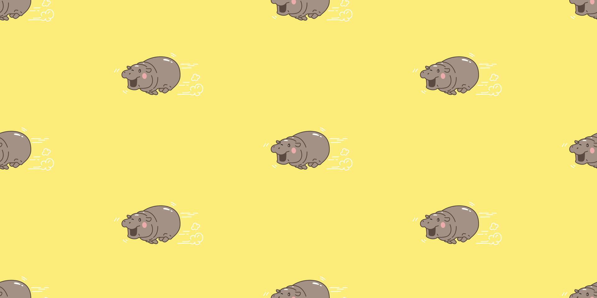 pygmy hippo seamless pattern baby Hippo running hippopotamuses zoo pet animal cartoon character doodle tile background gift wrapping paper repeat wallpaper scarf isolated illustration design vector
