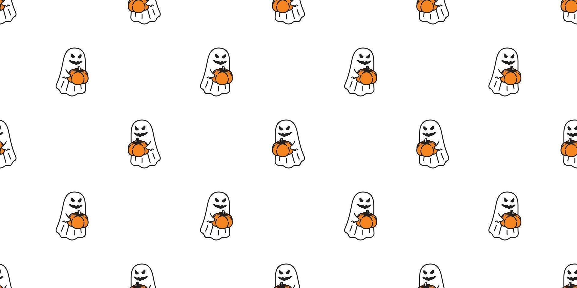 Ghost seamless pattern spooky Halloween pumpkin doodle cartoon wrapping paper tile background repeat wallpaper scarf isolated evil illustration design vector