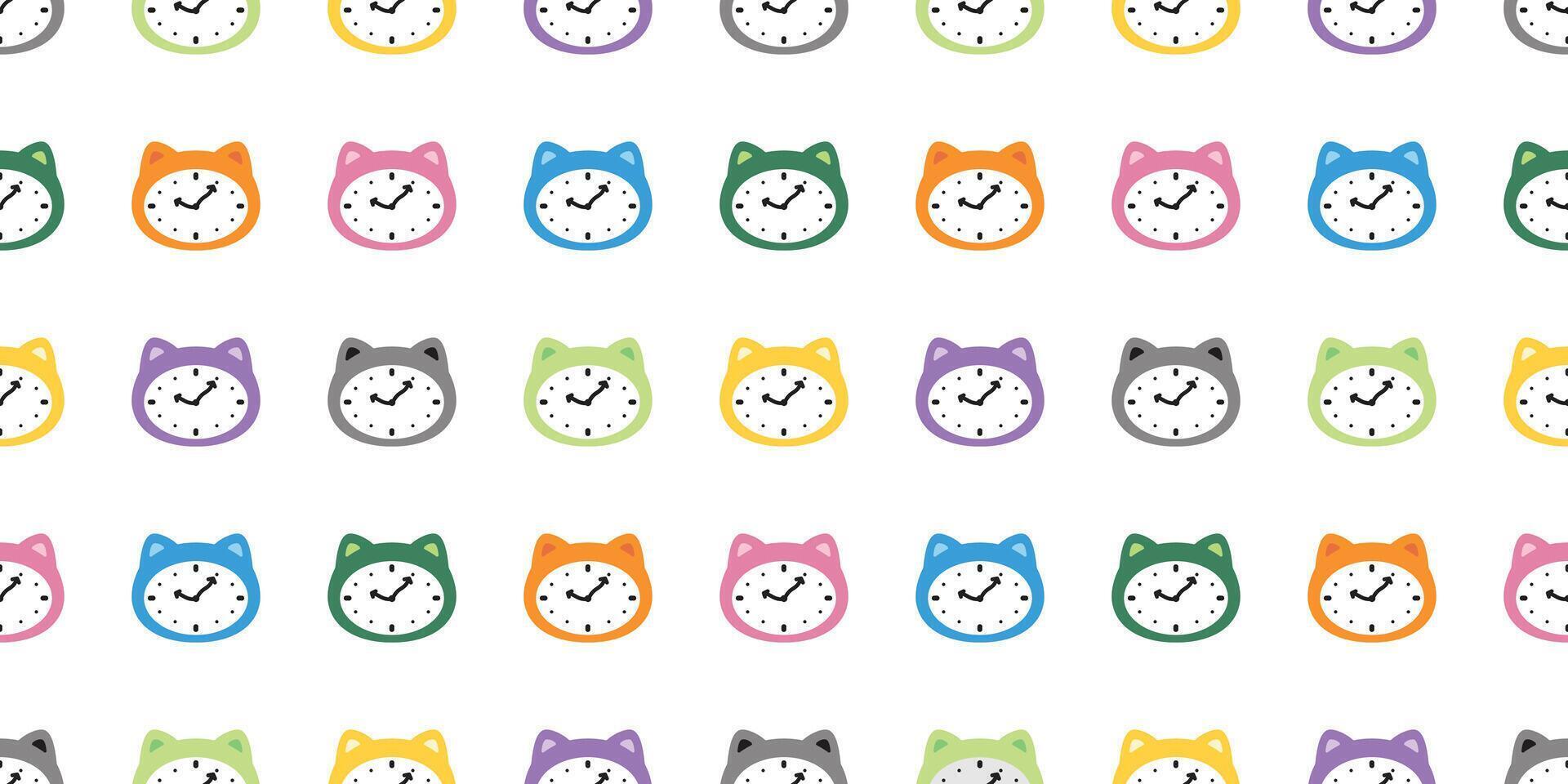 cat seamless pattern alarm clock kitten calico face head munchkin neko pet cartoon doodle gift wrapping paper tile background repeat wallpaper illustration design isolated vector