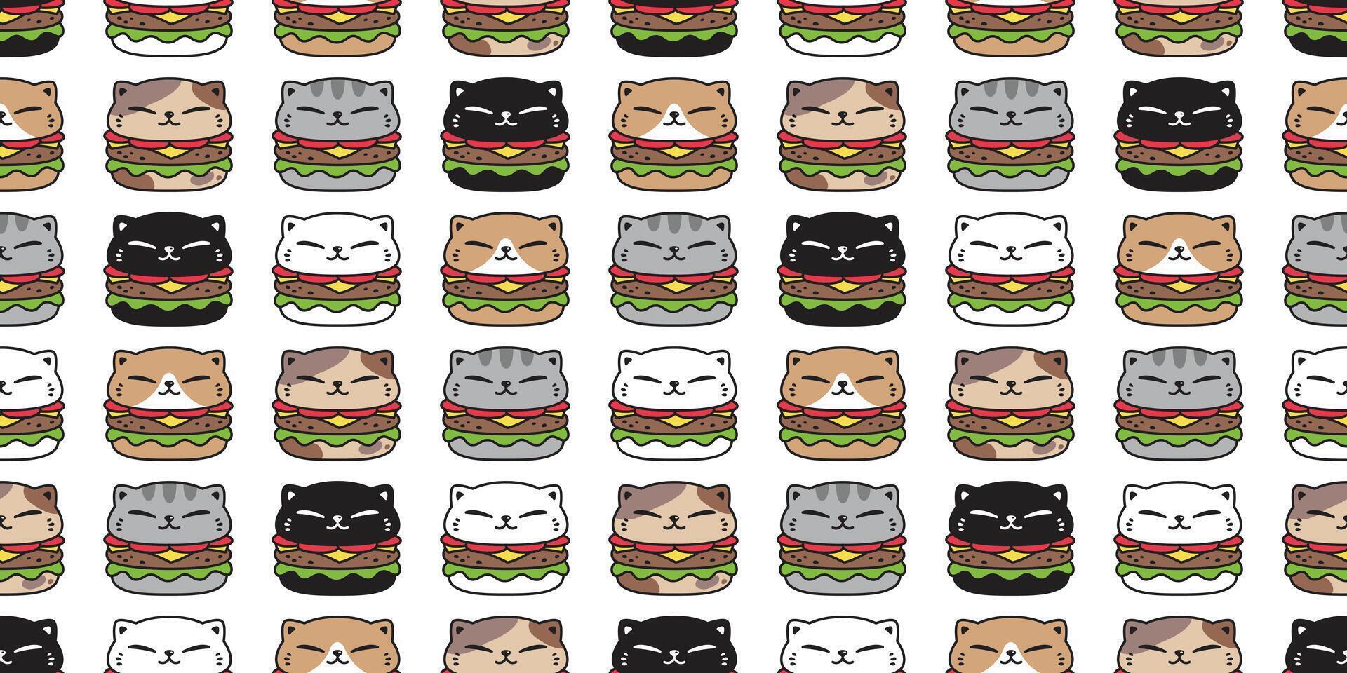 cat seamless pattern hamburger fast food calico neko face cartoon pet doodle tile background gift wrapping paper repeat wallpaper scarf isolated illustration design vector