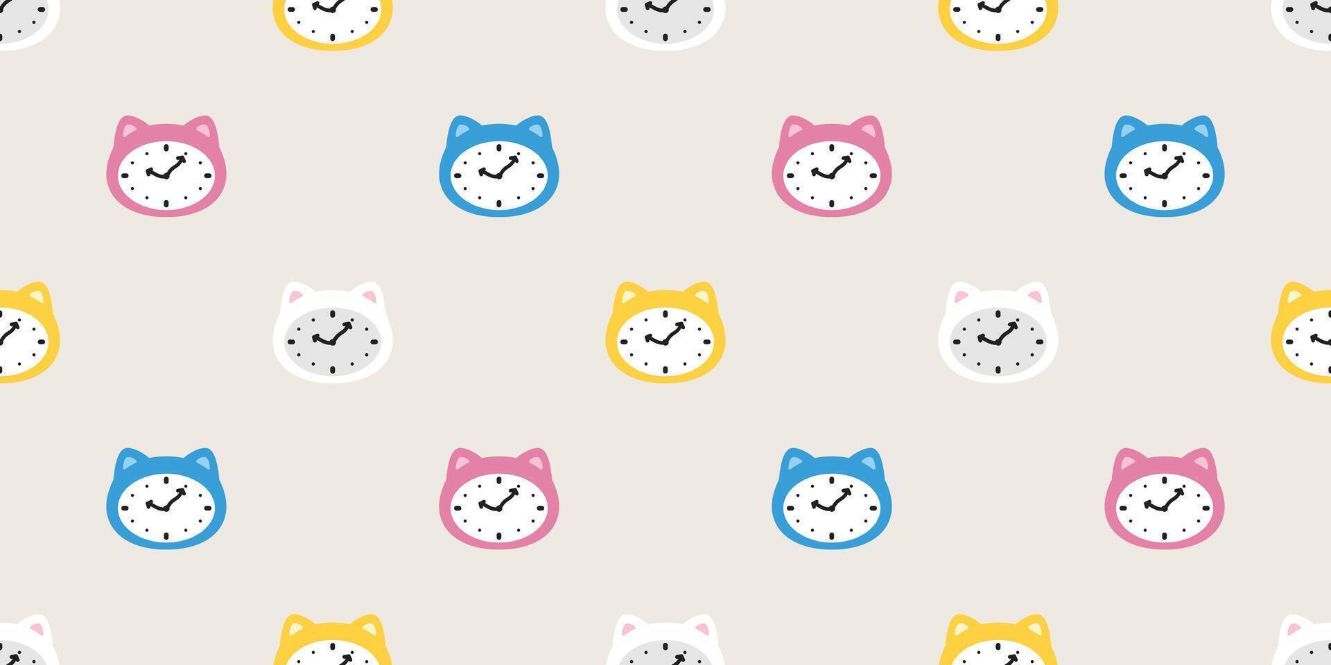 cat seamless pattern alarm clock kitten calico face head munchkin neko pet cartoon doodle gift wrapping paper tile background repeat wallpaper illustration isolated design vector